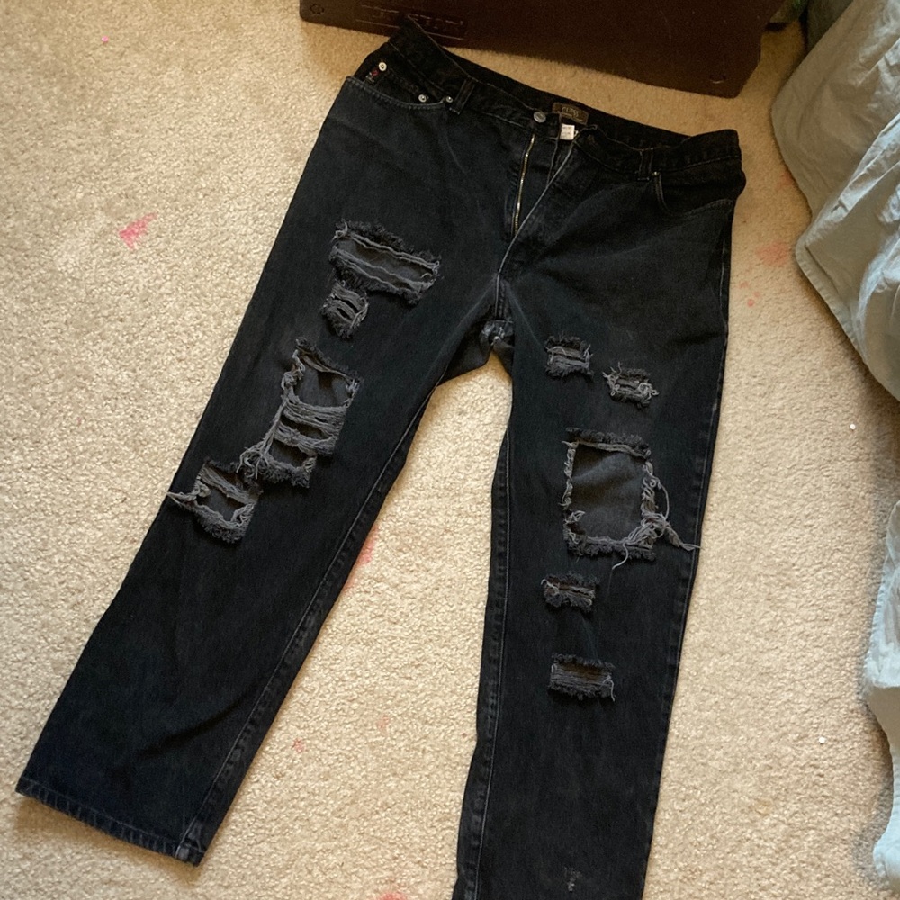 GUESS Vintage 90s Black Ripped Straight-Leg Jeans Triangle Logo 100% Cotton